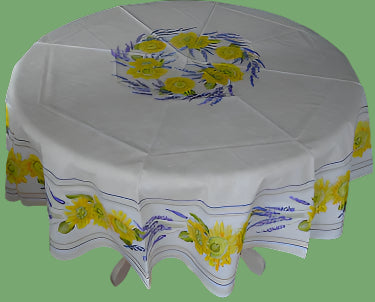 68" Cotton Cream Sunflower Lavender Round Tablecloth