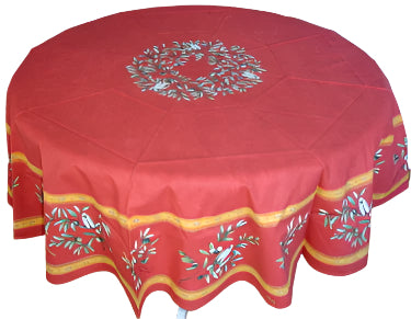 68" Cotton Brick Red Olive & Cigale Round Tablecloth
