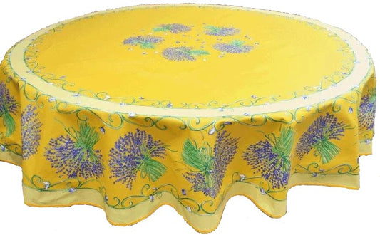 OILCLOTH-68" Coated Yellow Lavender Round Tablecloth 40% Off With a Slight Flaw