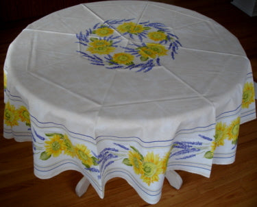 68" Cotton Cream Sunflower Lavender Round Tablecloth
