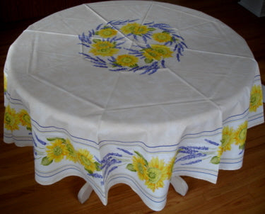 OILCLOTH-68" Coated Cream Sunflower Round Tablecloth 40% Off With a Slight Flaw