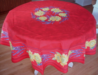 68" Cotton Red Sunflower Lavender Round Tablecloth