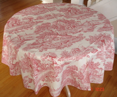 68" Cotton Red Toile De Jouy Round Tablecloth