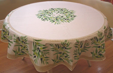 68" Coated Cream Olive Provençal Round Tablecloth