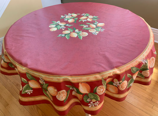 OILCLOTH- 68" Coated Red  Lemon Round Tablecloth
