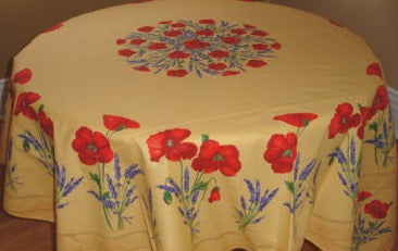 68" Cotton Yellow Poppies Round Tablecloth