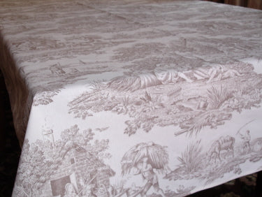 100% Cotton Taupe Toile De Jouy Square/Rectangular Tablecloth