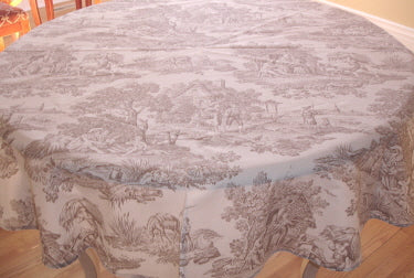 68" Cotton Taupe Toile De Jouy Round Tablecloth