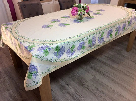 OILCLOTH-Coated Cream Lavender Oval & Rectoval Tablecloth 96" x 60" 40% off With a Slight Flaw