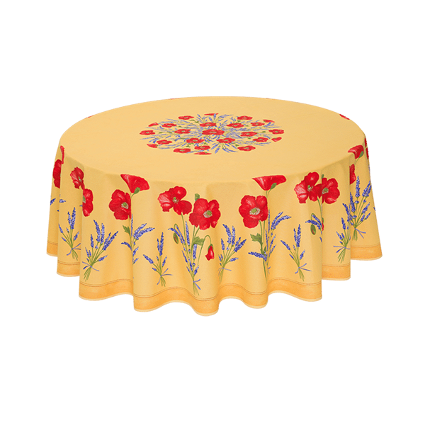 68" Cotton Yellow Poppies Round Tablecloth