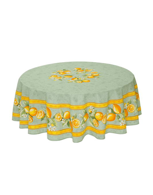 OILCLOTH- 68" Coated Sage Green Lemon Round Tablecloth