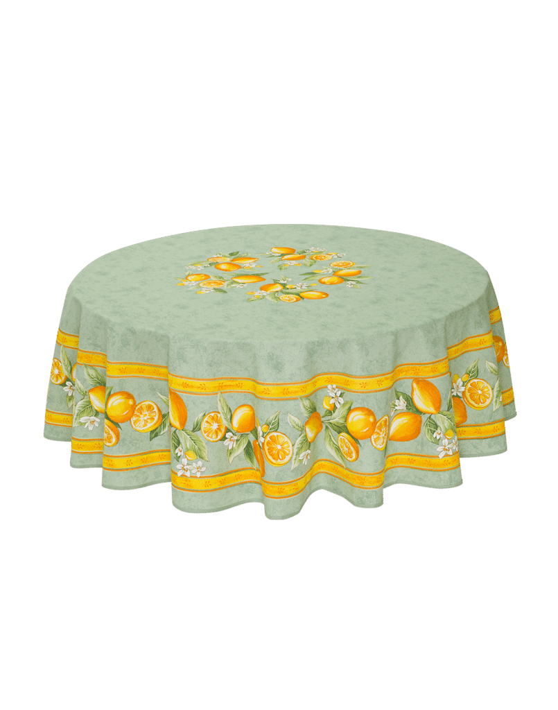 68" Cotton Sage Green Lemon Round Tablecloth